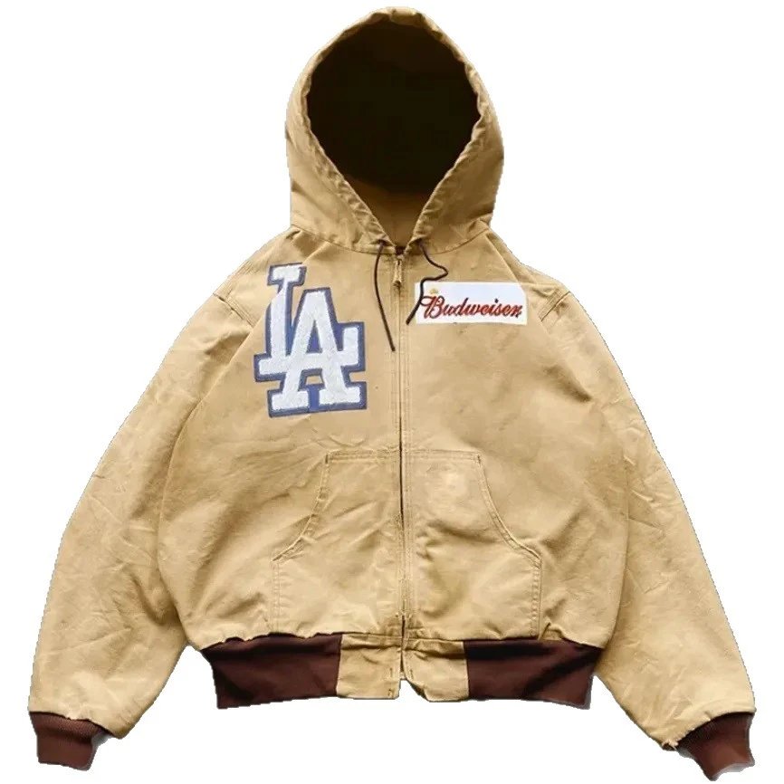 LA Beige Hooded Bomber Jacket with Budweiser Patch
