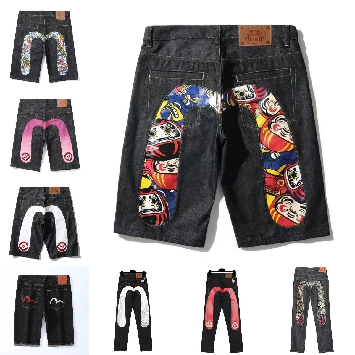 Evisu Black Denim Shorts with Back Panel Design