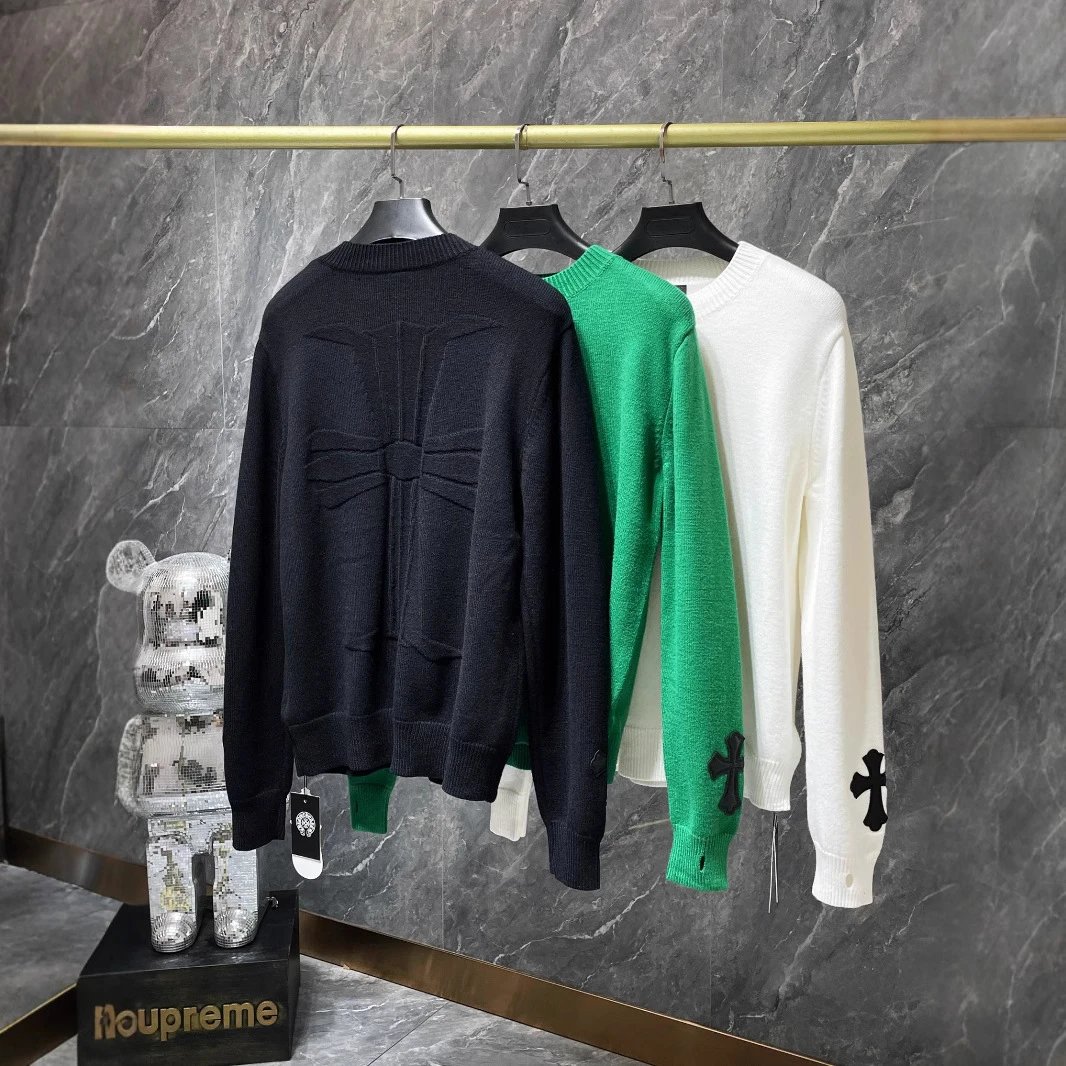 Black Green White Round Neck Knit Sweater