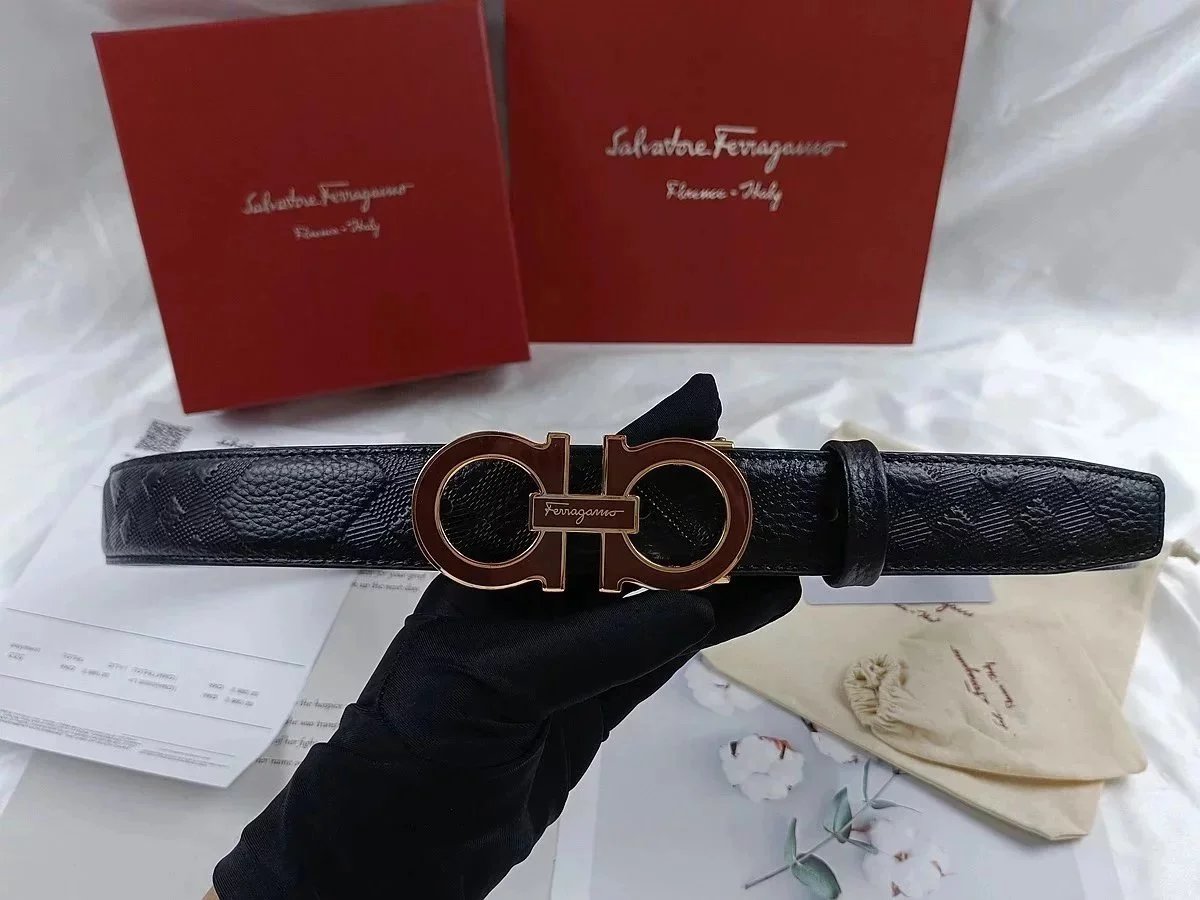 Salvatore Ferragamo Black Leather Belt with Gold Buckle