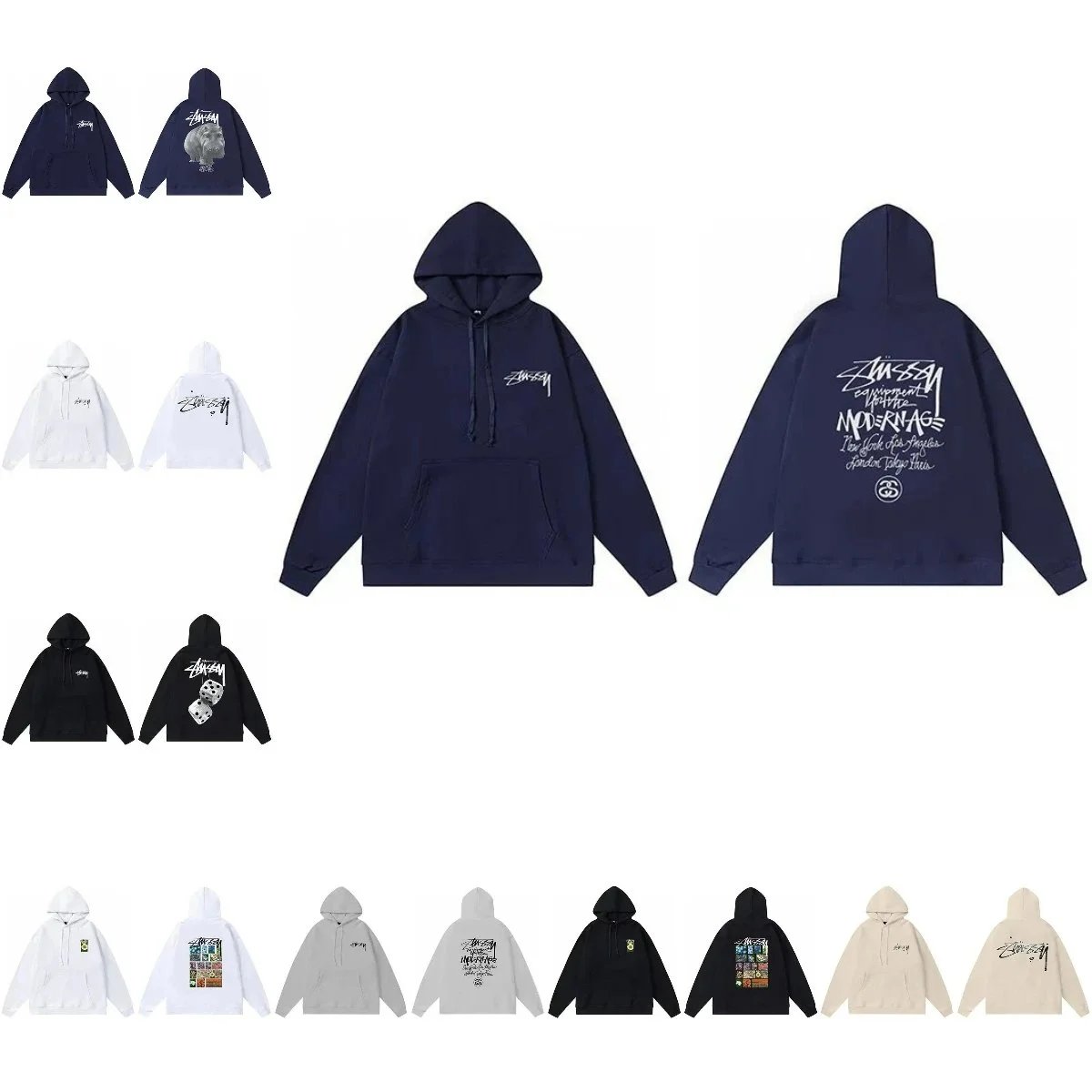 Stussy Navy Hoodie with Front and Back Logo Design