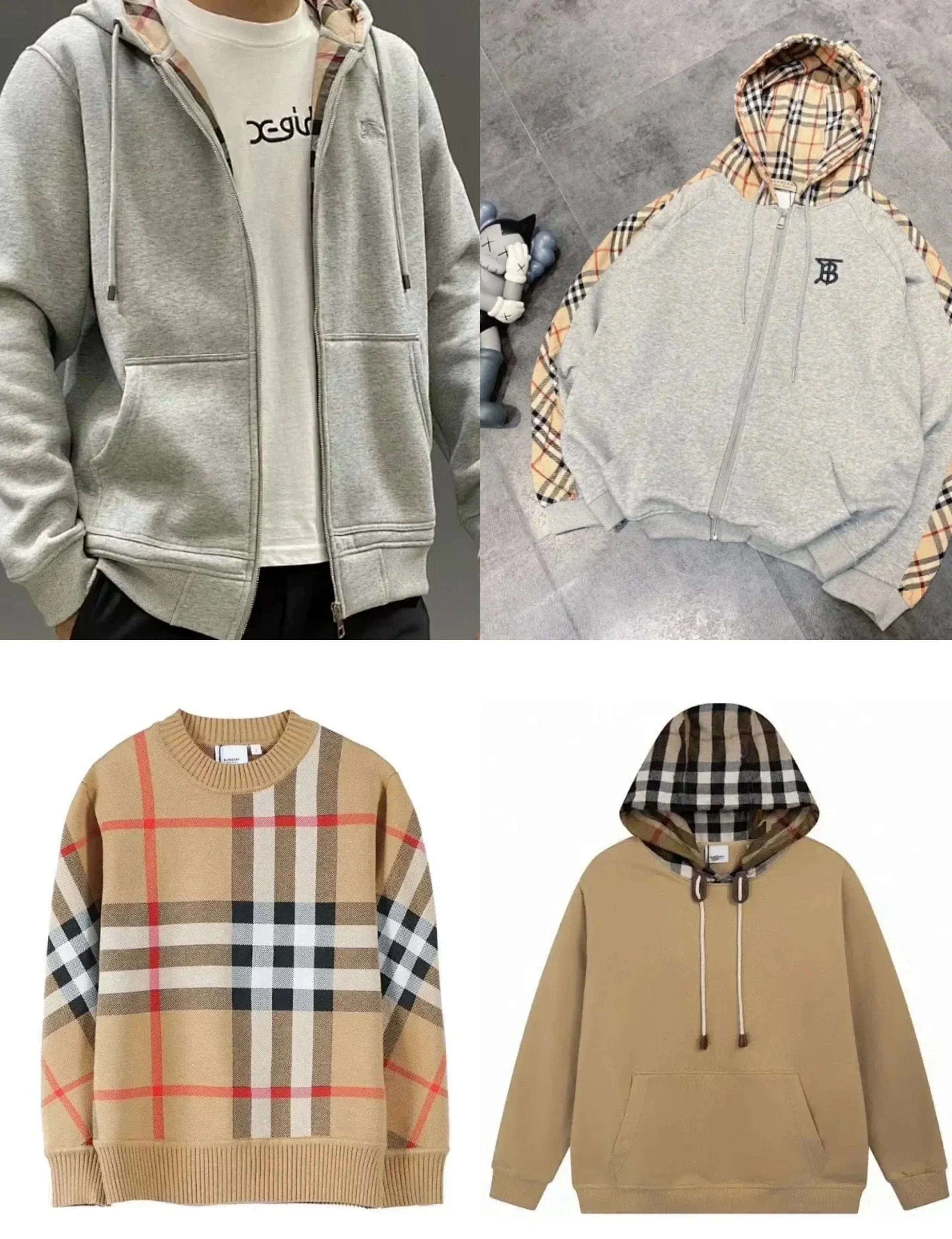 Burberry Grey Zip-Up Hoodie and Beige Plaid Sweater Combo