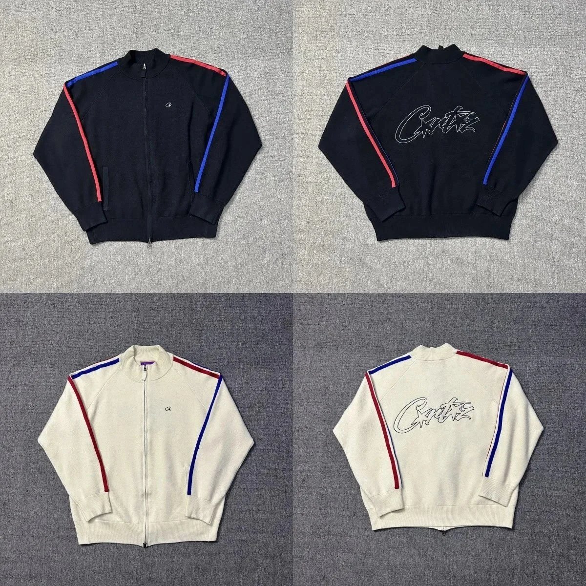 Champion Black and White Zip-Up Track Jackets with Color Stripes