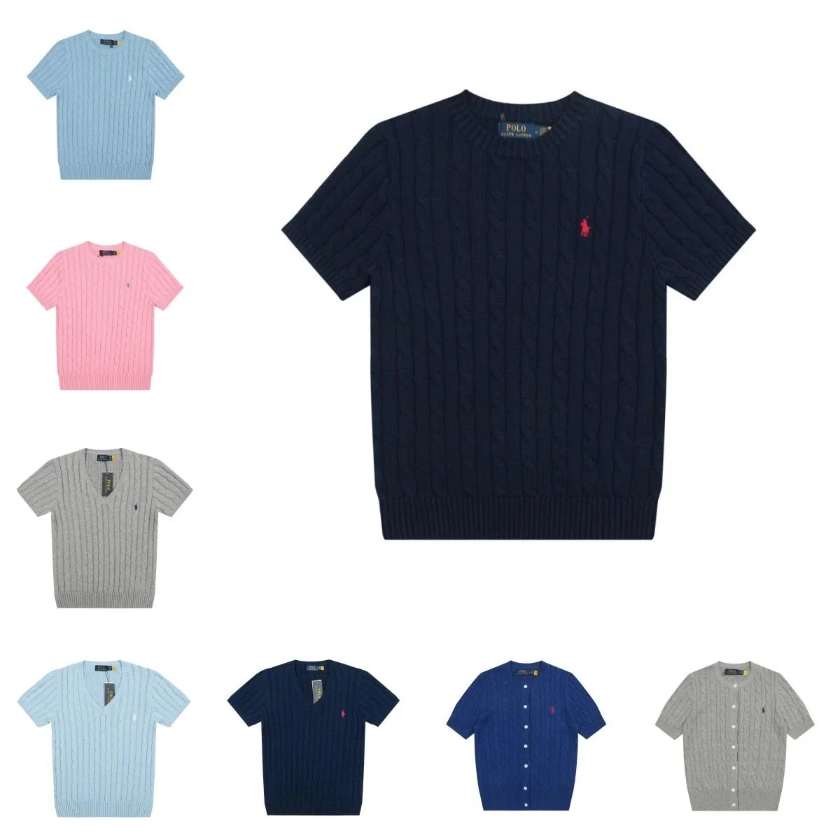 Ralph Lauren Navy Cable Knit Short Sleeve Sweater