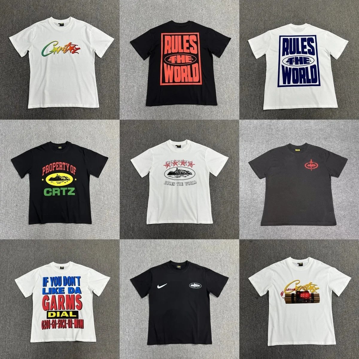 Assorted Graphic T-Shirt Collection in White, Black, and Grey