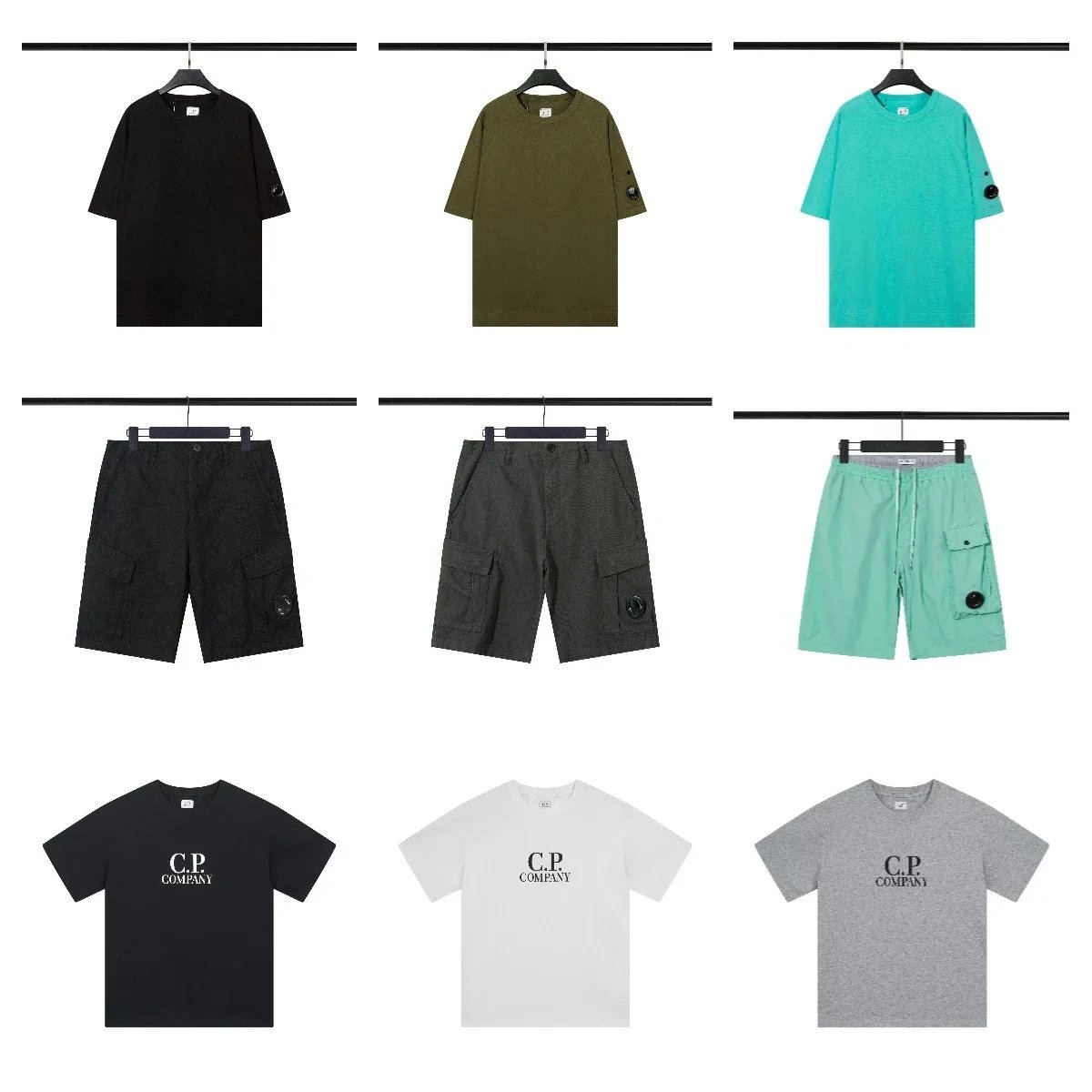 C.P. Company Black Cargo Shorts and T-Shirts Set