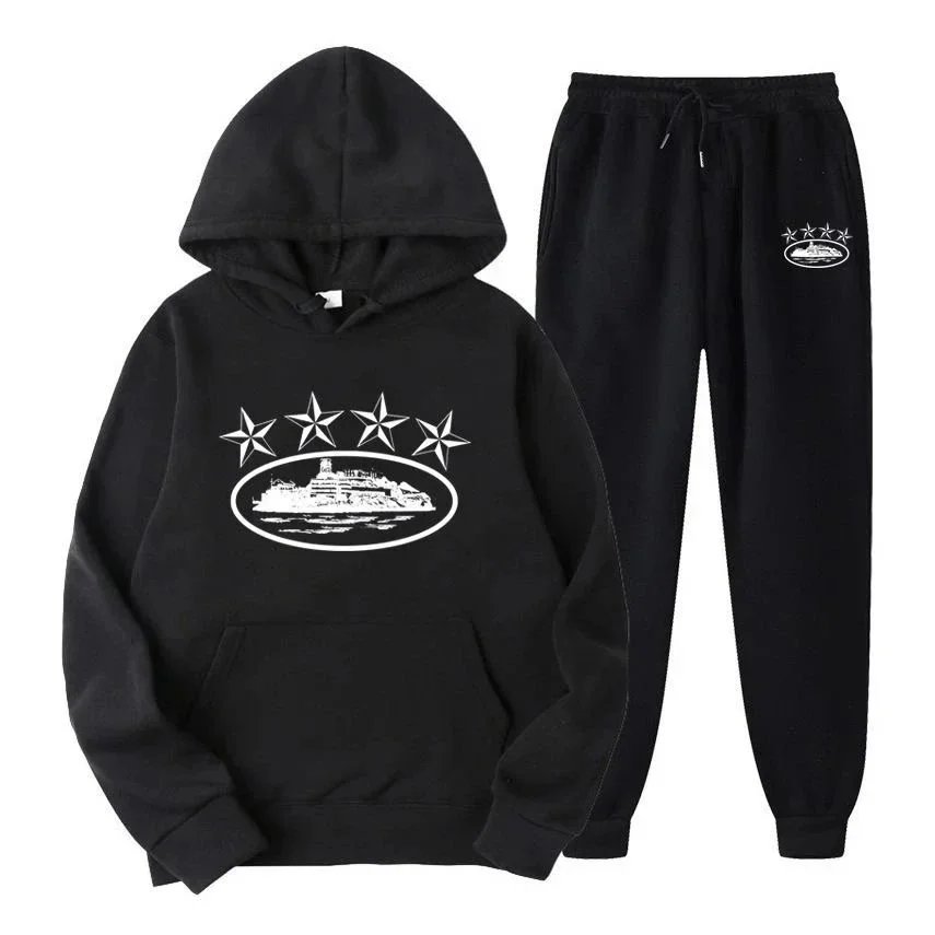 Black Hoodie and Sweatpants Set with Star and Ship Design