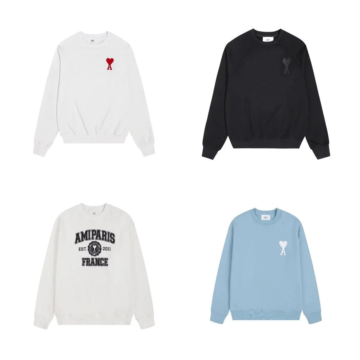 Ami Paris White and Black Crewneck Sweatshirts with Heart Logo and Collegiate Design
