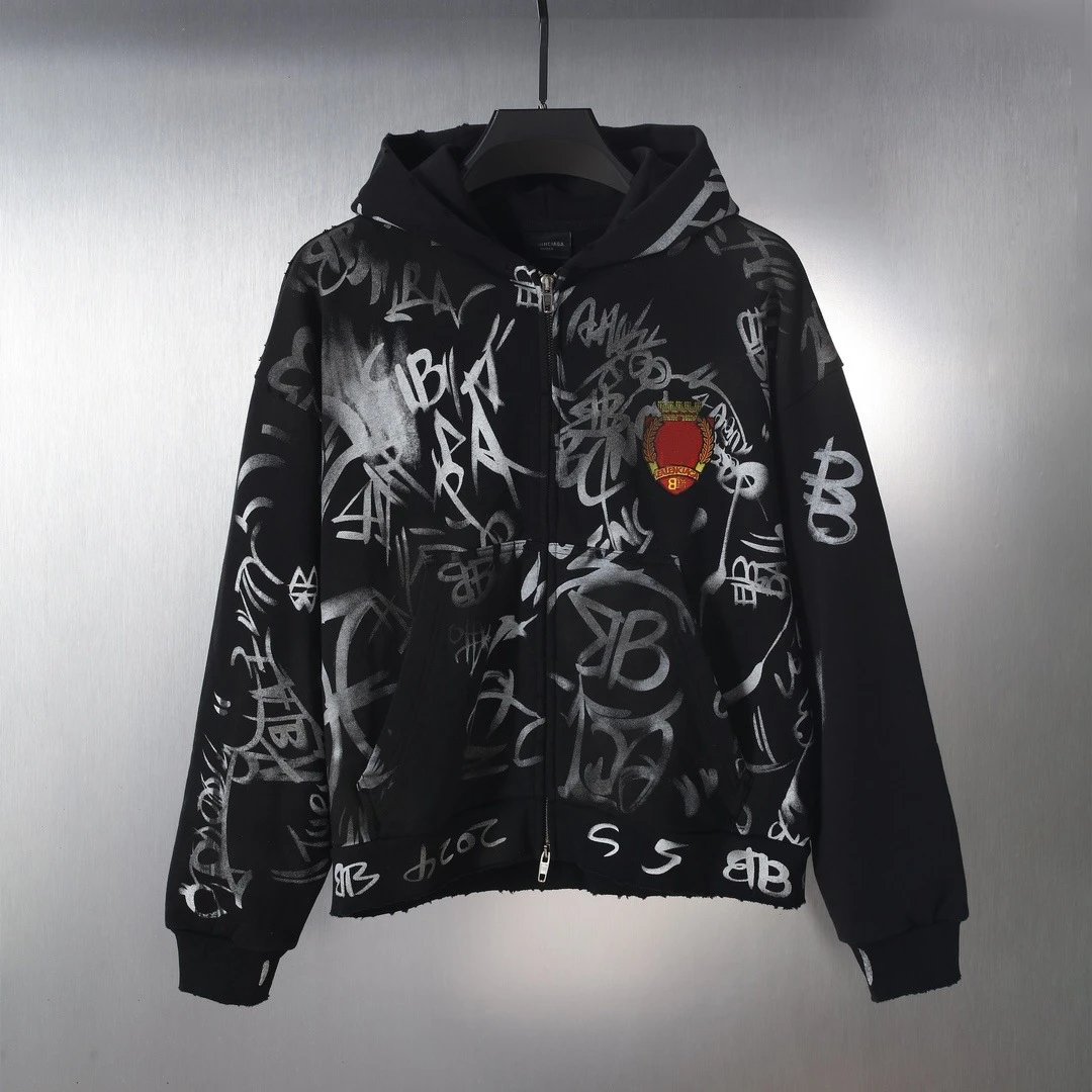 Balenciaga Black Graffiti Zip-Up Hoodie