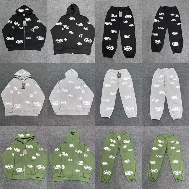 Cloud Print Hoodie and Sweatpants Set in Black, Grey, and Green