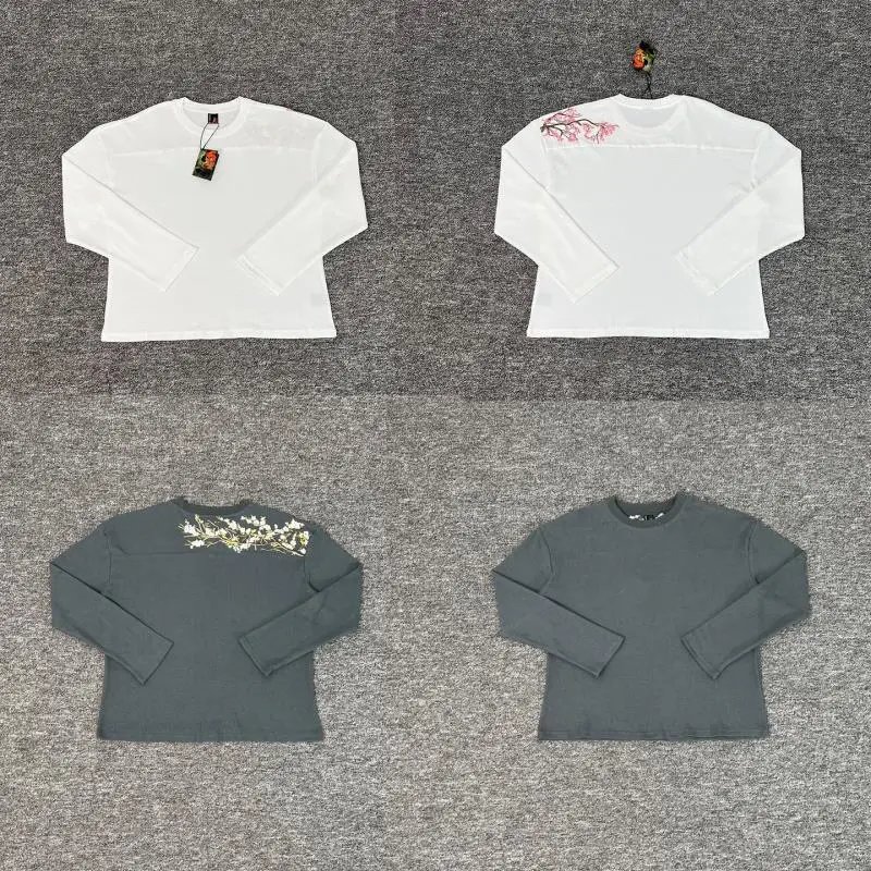 White and Grey Long Sleeve Tops with Embroidery