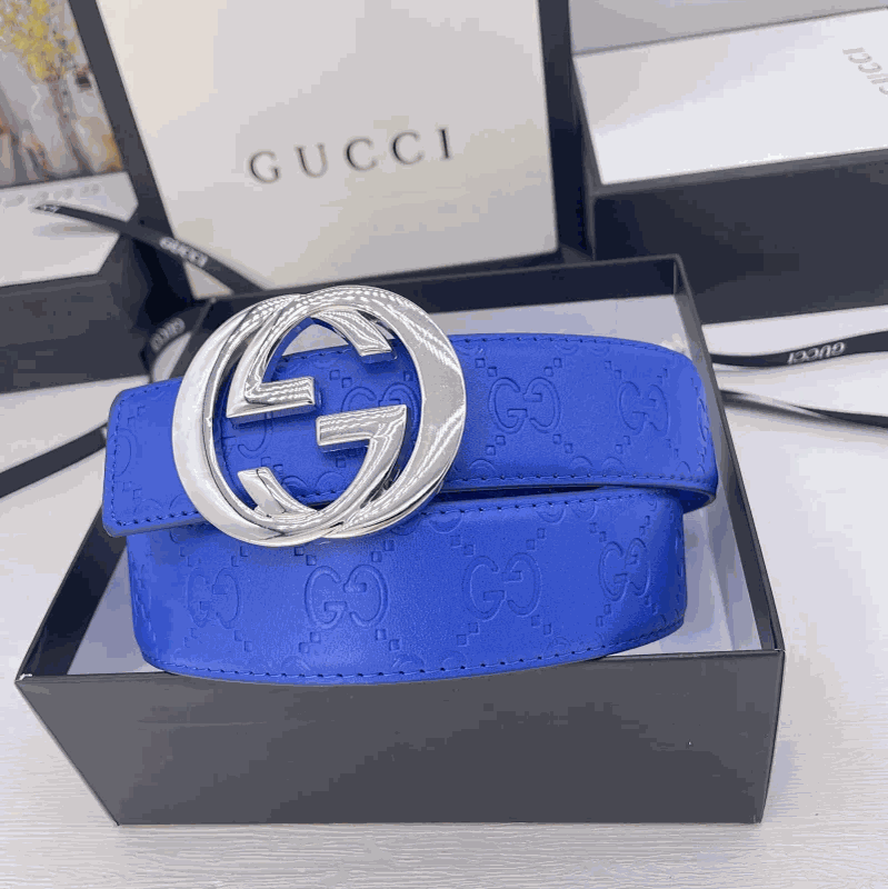 Gucci Blue Leather Belt with Silver Buckle