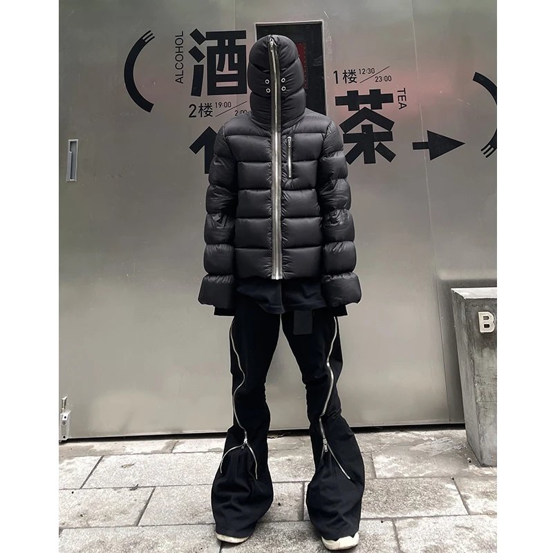 Black Puffer Jacket with Hood and Zipper Details