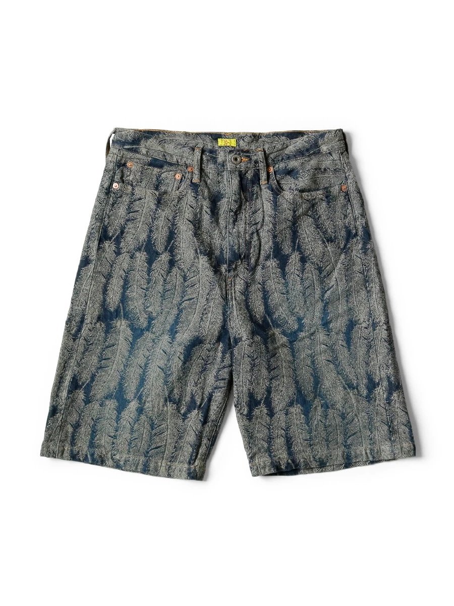 Indigo Feather Print Denim Shorts