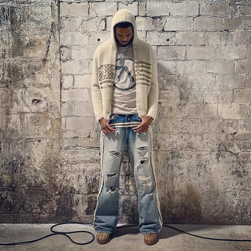 Cream Hooded Cardigan with Distressed Jeans