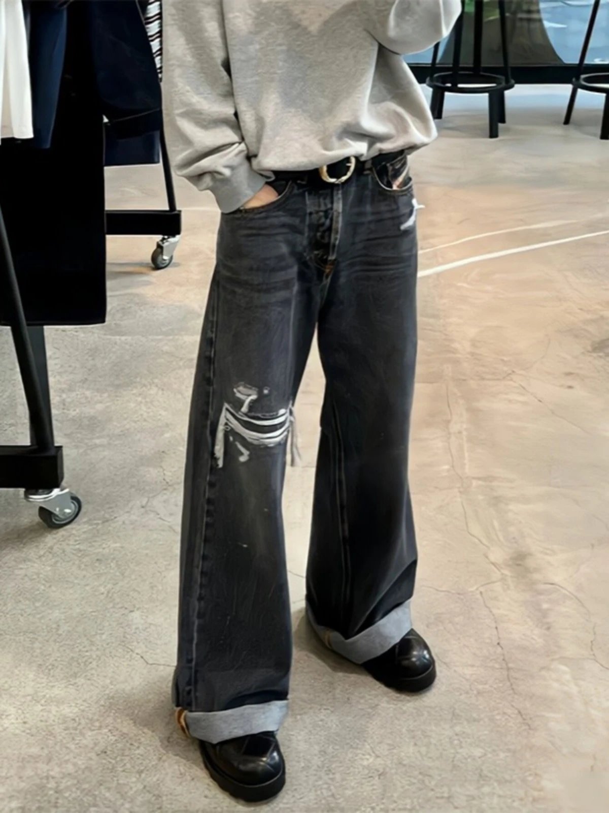 Black Wide Leg Distressed Jeans