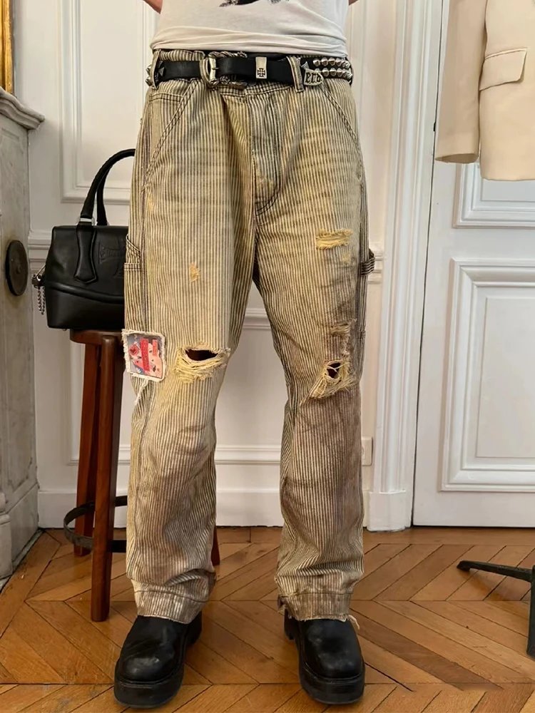 Distressed Striped Cargo Jeans