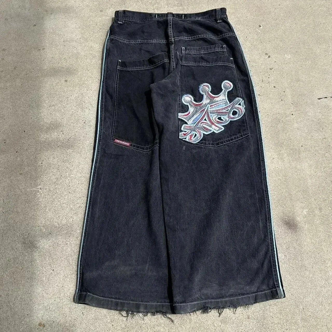 Black Wide Leg Jeans with Crown Patch