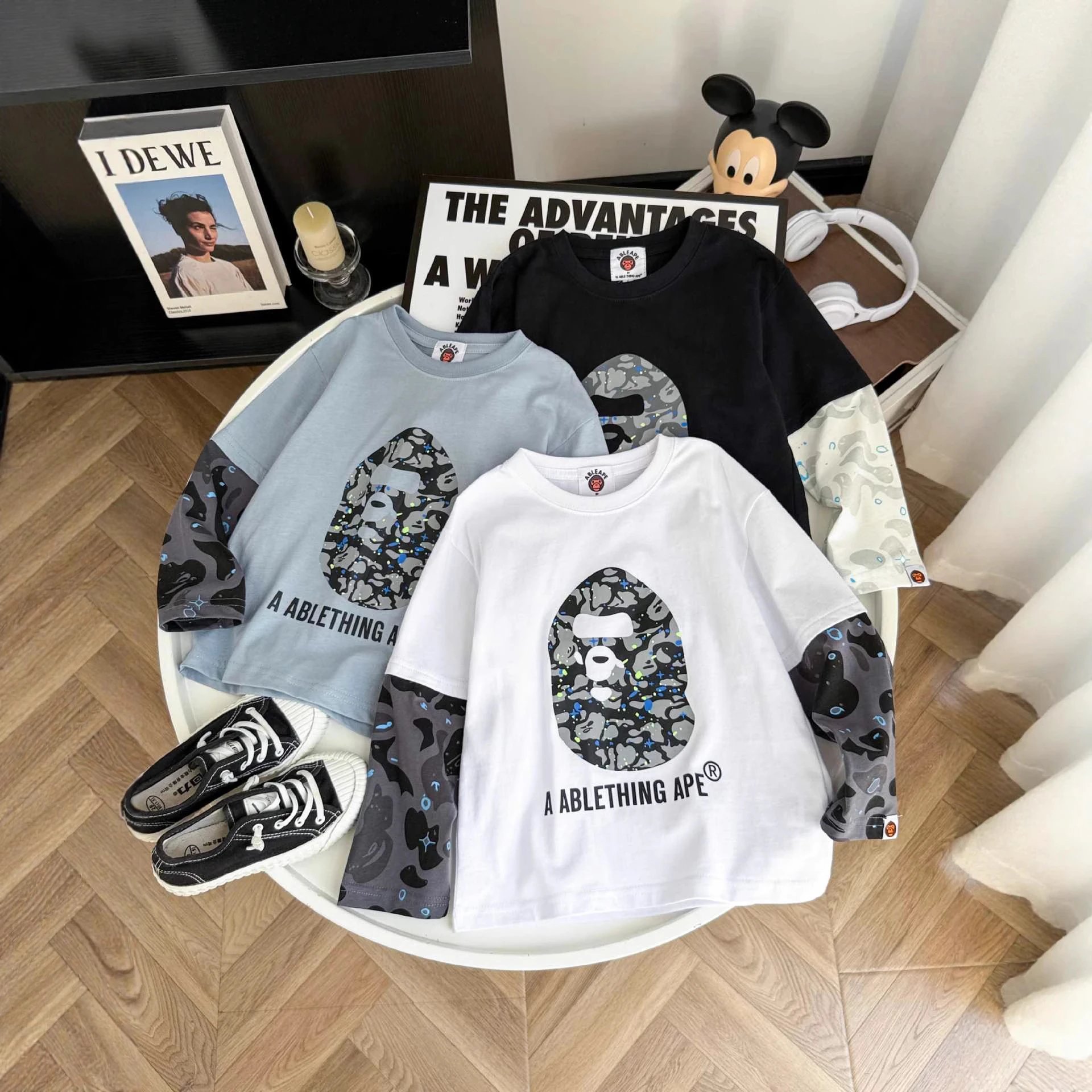 Kid A Bape Camo Sleeve T-Shirt in White, Blue, and Black