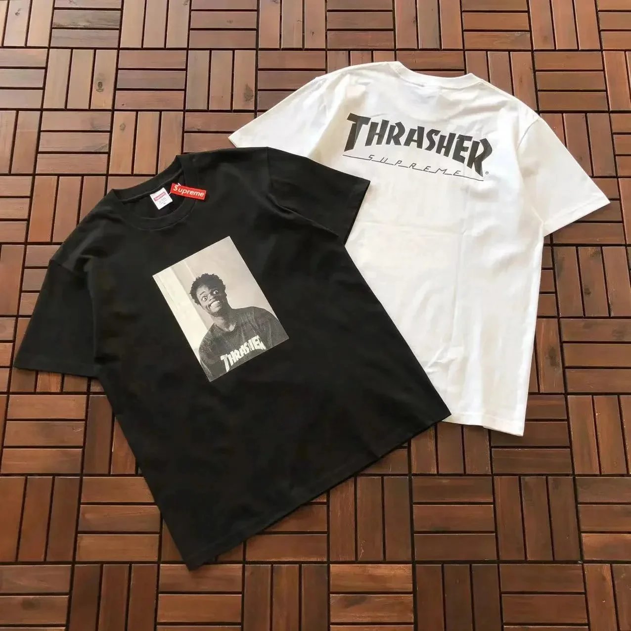 Supreme Black and White Thrasher T-Shirts