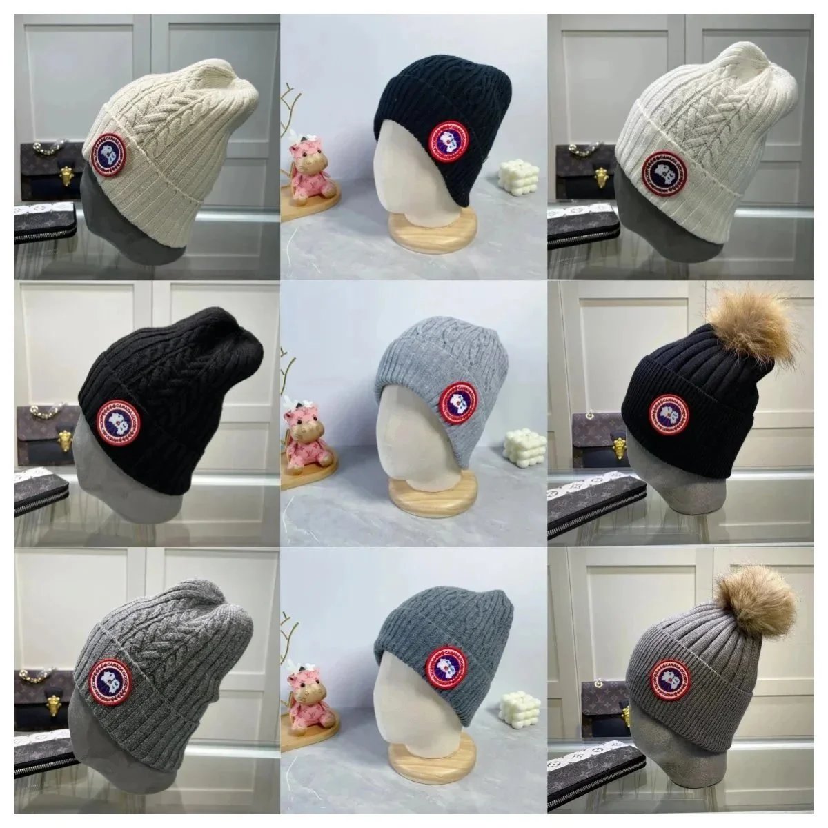 Canada Goose Knit Beanie with Pom-Pom and Logo Patch