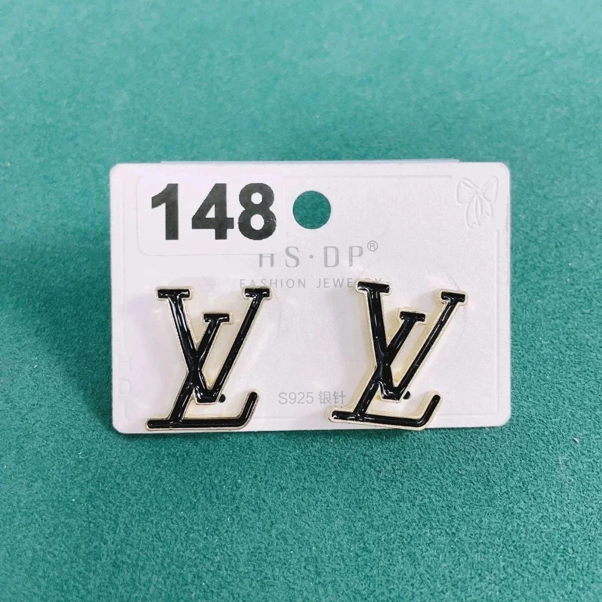 LV Logo Stud Earrings Black Gold
