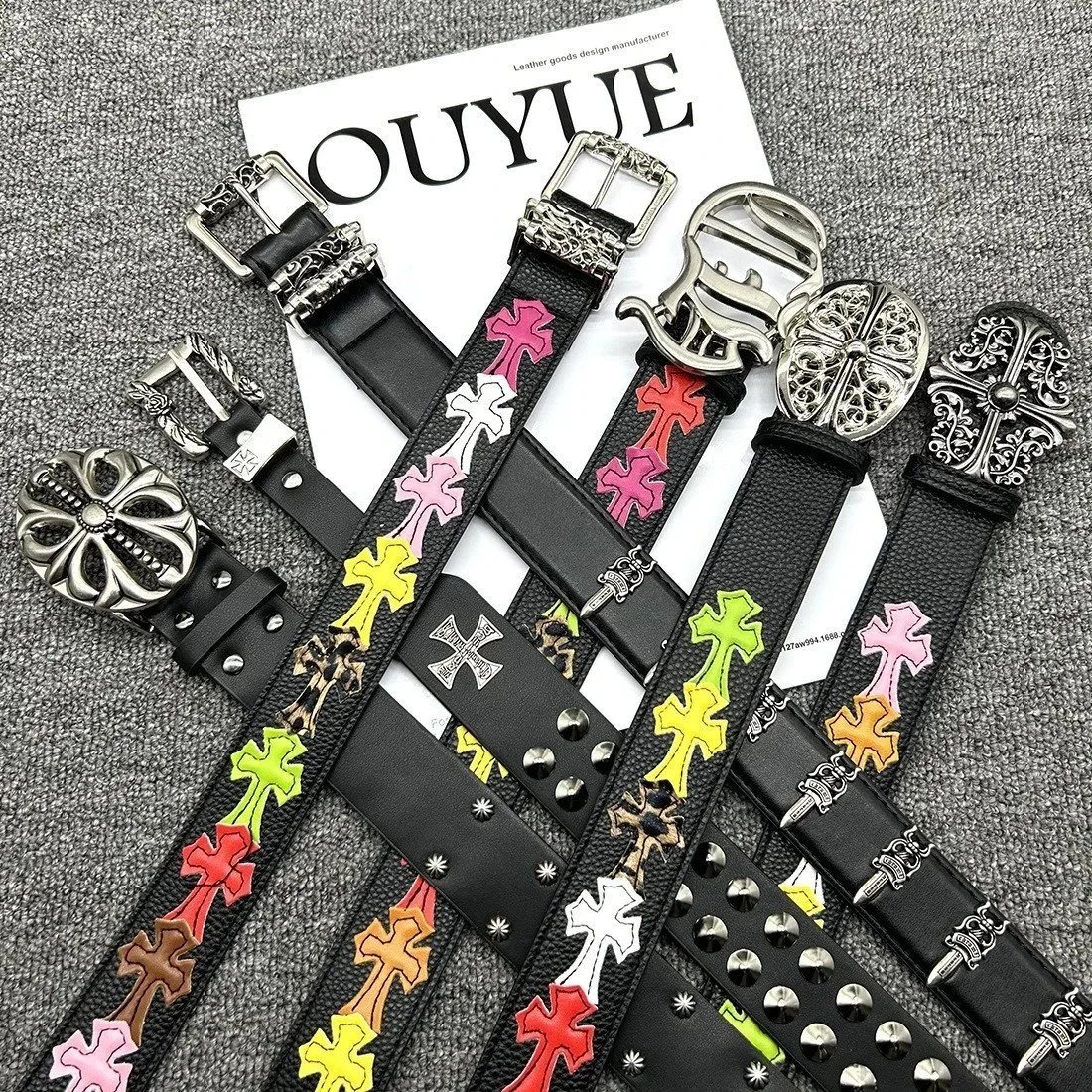 OUYUE Black Leather Belt with Cross Embroidery and Metal Buckle