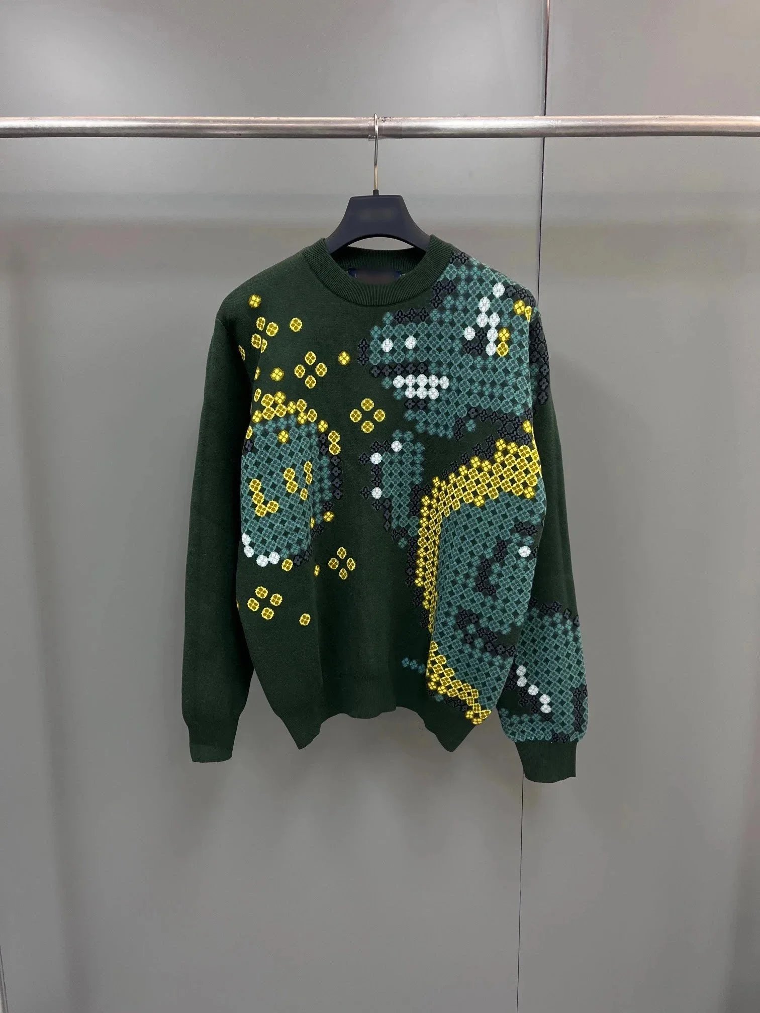 Dark Green Knit Sweater with Abstract Design