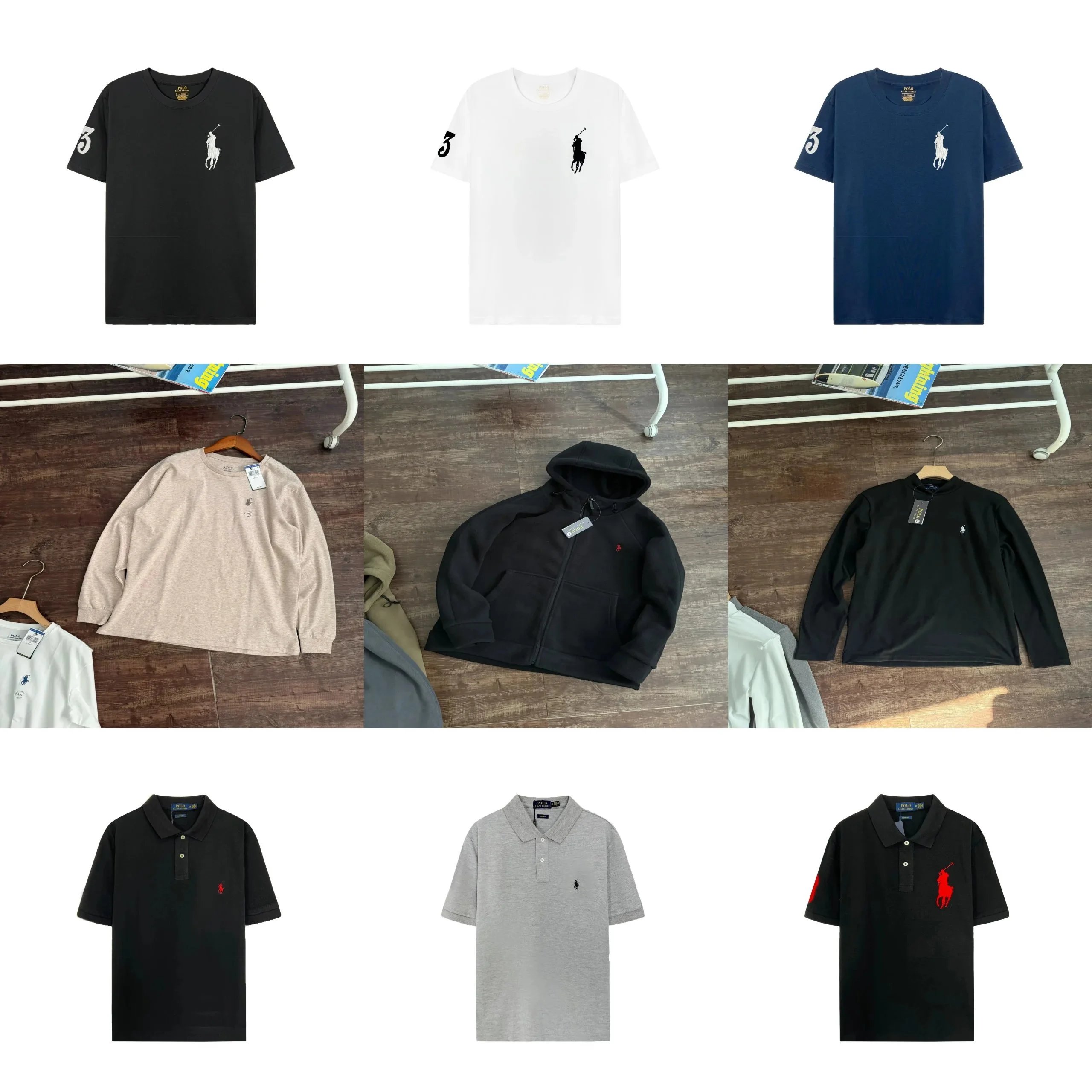 Ralph Lauren Black Short Sleeve Polo, White T-Shirt, Blue T-Shirt, Beige Long Sleeve, Black Hoodie, Black Long Sleeve, Grey Polo, Black Polo with Red Logo