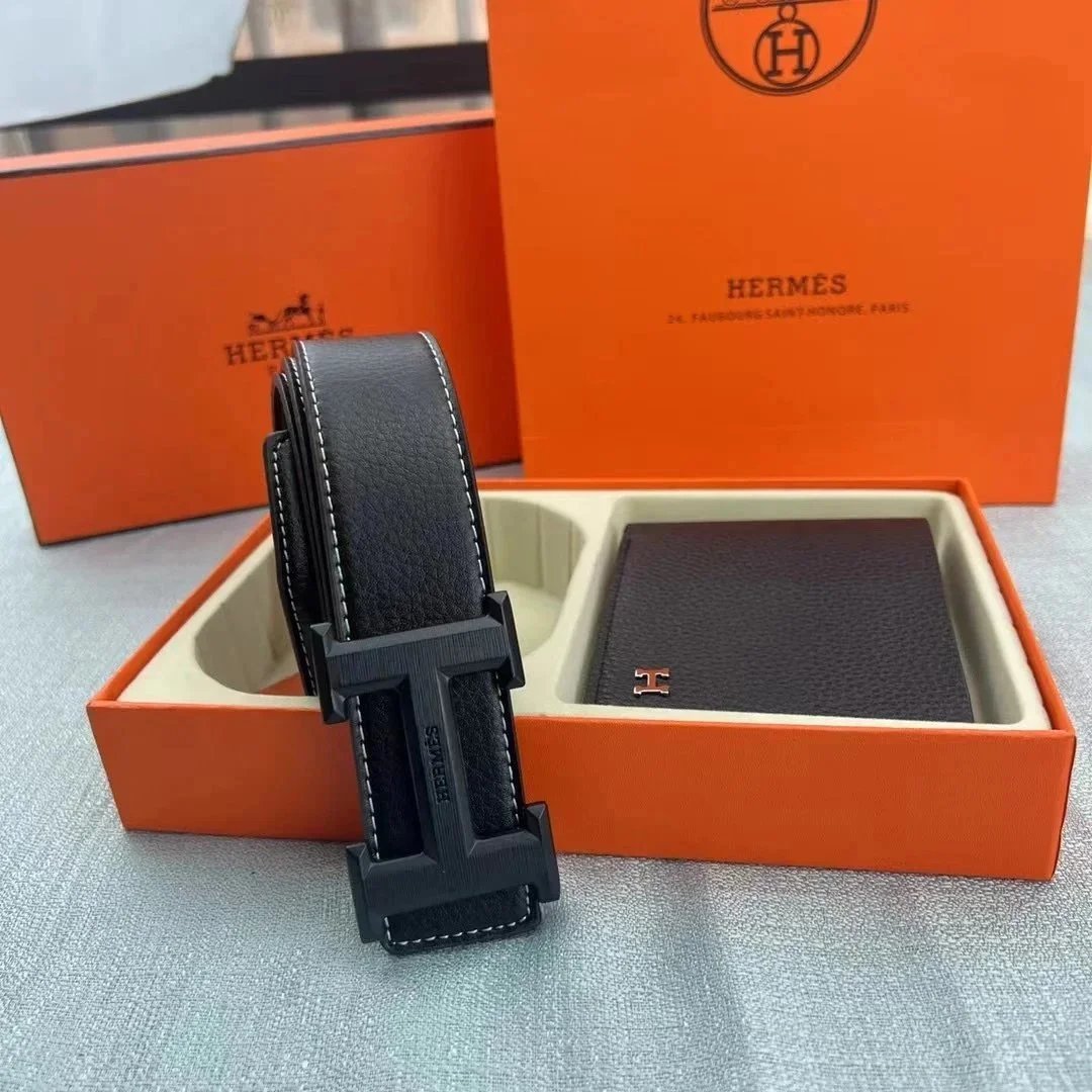 Hermès Black Leather Belt with Wallet Set