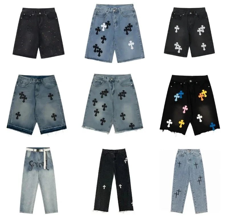 Cross Embroidered Denim Shorts and Pants in Various Colors