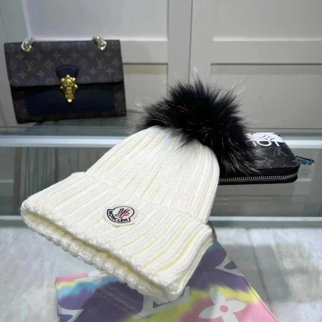 Moncler White Knit Beanie with Fur Pom