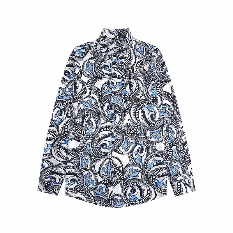 Blue and White Patterned Long Sleeve Shirt