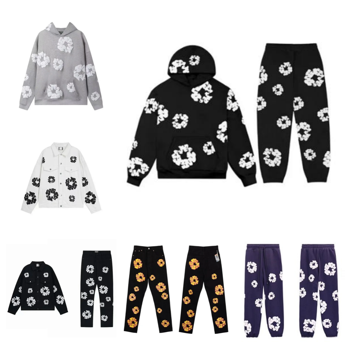 Floral Print Hoodie and Pants Set in Grey, Black, and Purple