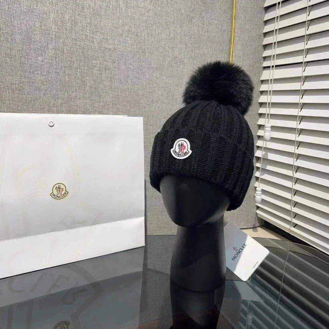 Moncler Black Knit Beanie with Pom-Pom