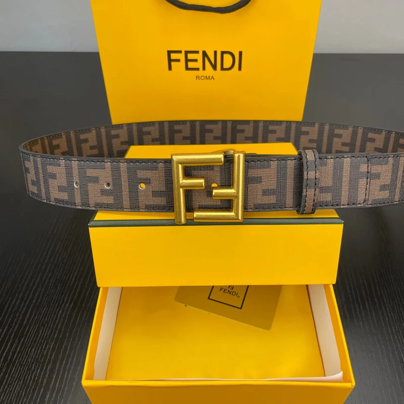 Fendi Brown Patterned Belt with Gold Buckle