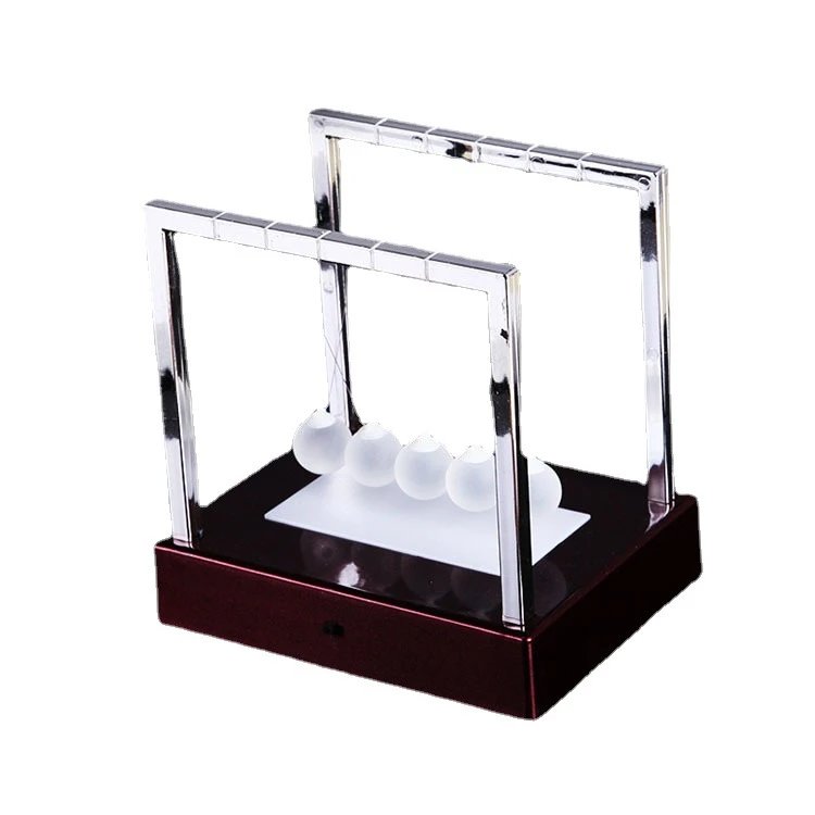 Modern Newton's Cradle Desk Decor with Chrome Frame and Wooden Base