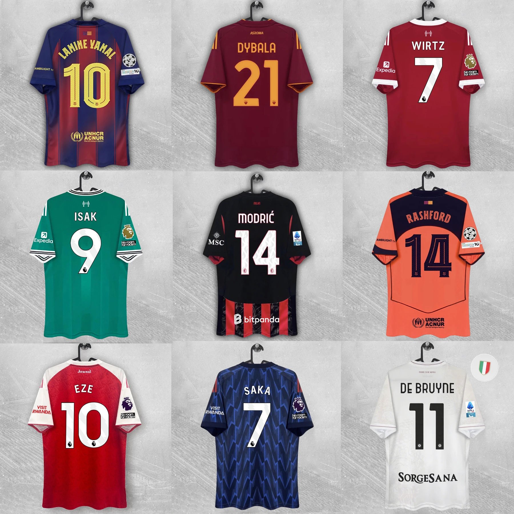 Assortment of Football Jerseys with Player Names and Numbers