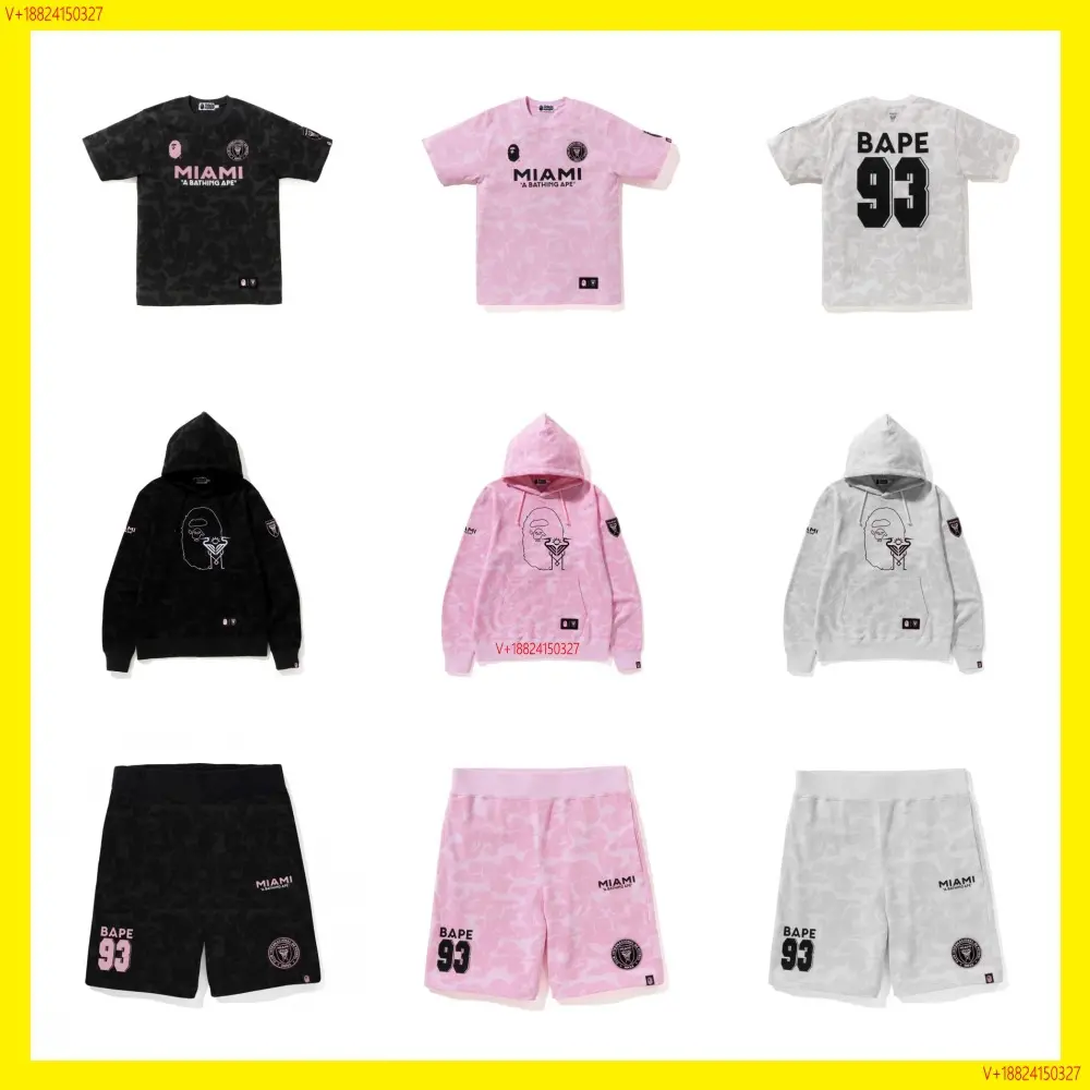 BAPE Black Camo T-Shirt, Pink Camo Hoodie, Grey Camo Shorts Set