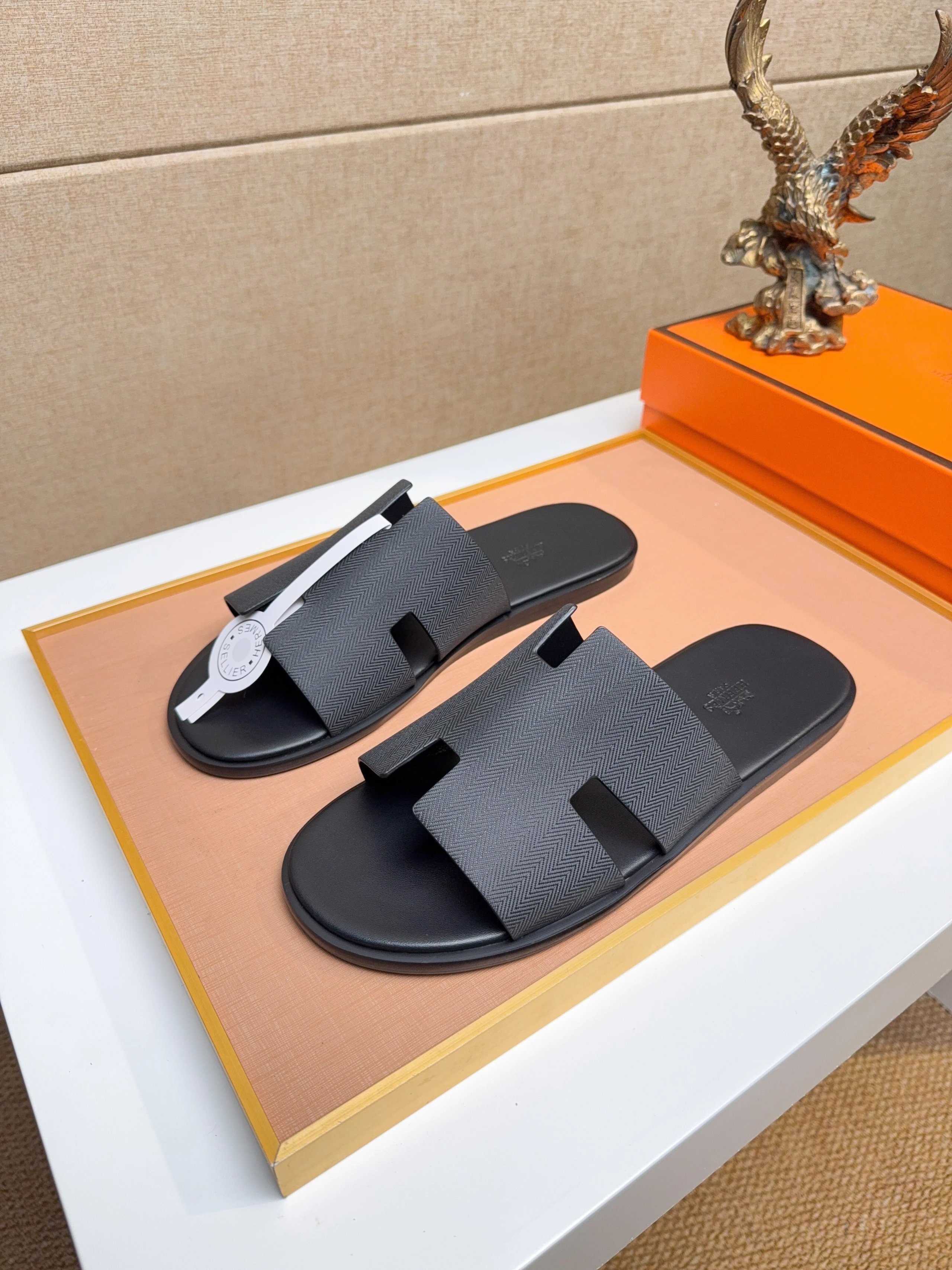 Hermès Black H-Strap Slides