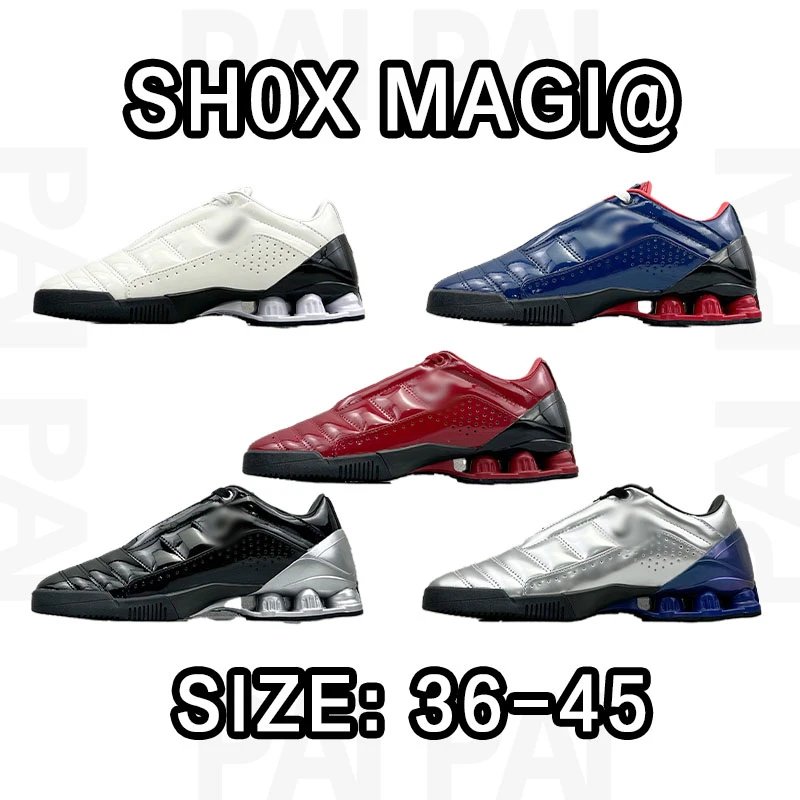 SHOX MAGI@ Low Top Sneakers in White, Blue, Red, Black, and Silver