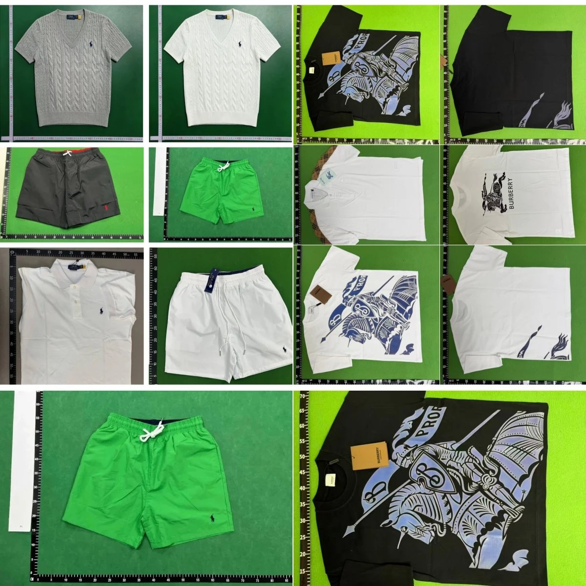 Ralph Lauren Grey V-Neck Sweater, White Polo Shirt, Green Shorts, Black T-Shirt with Knight Print, White Shorts, White T-Shirt with Logo, Green Swim Shorts, Black T-Shirt with Knight Design