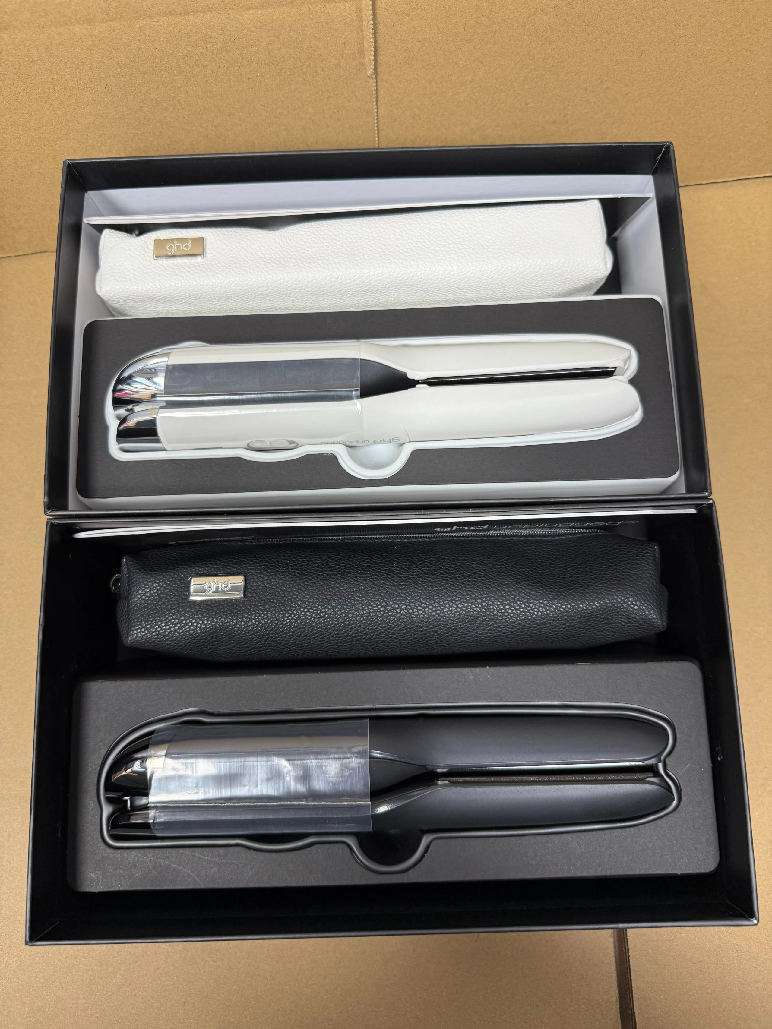 GHD White and Black Hair Straightener Set with Pouches