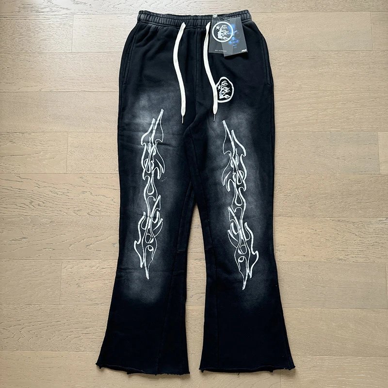 Black Flare Sweatpants with White Drawstrings and Graphic Design