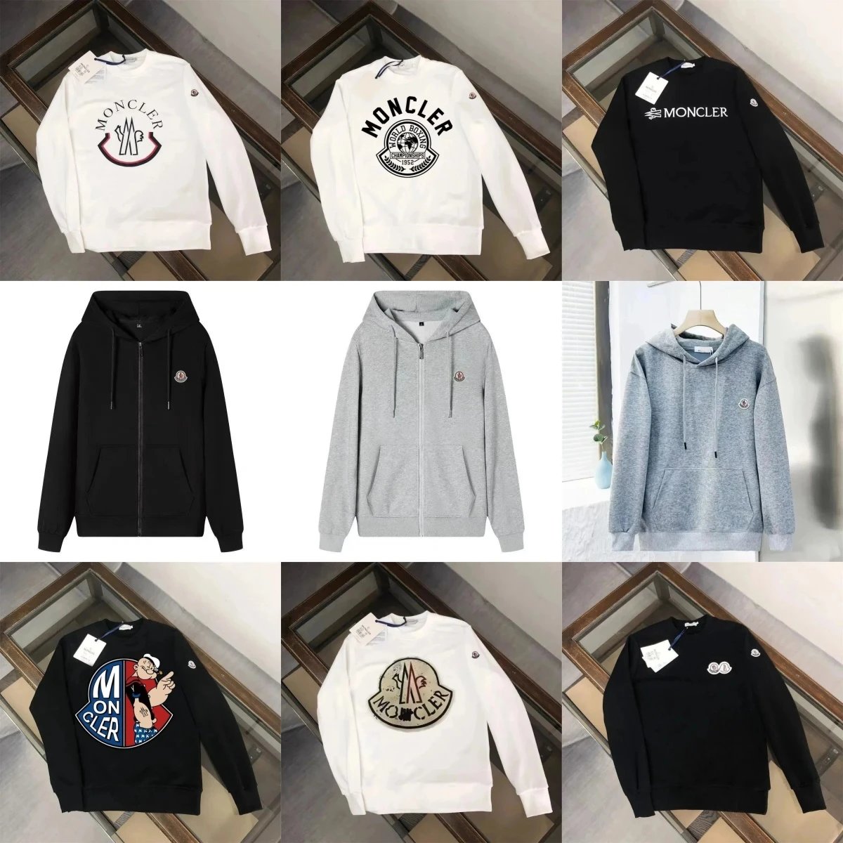 Moncler White Long Sleeve Hoodie, Black Zip-Up Hoodie, Grey Zip-Up Hoodie