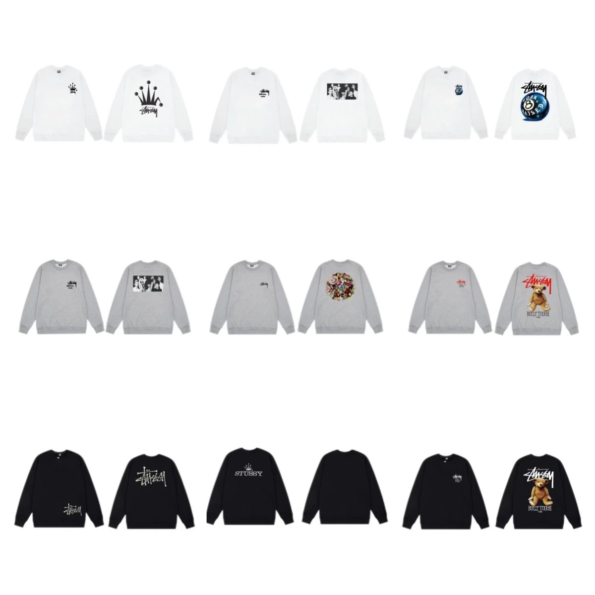 Stussy White, Grey, and Black Crewneck Sweatshirts