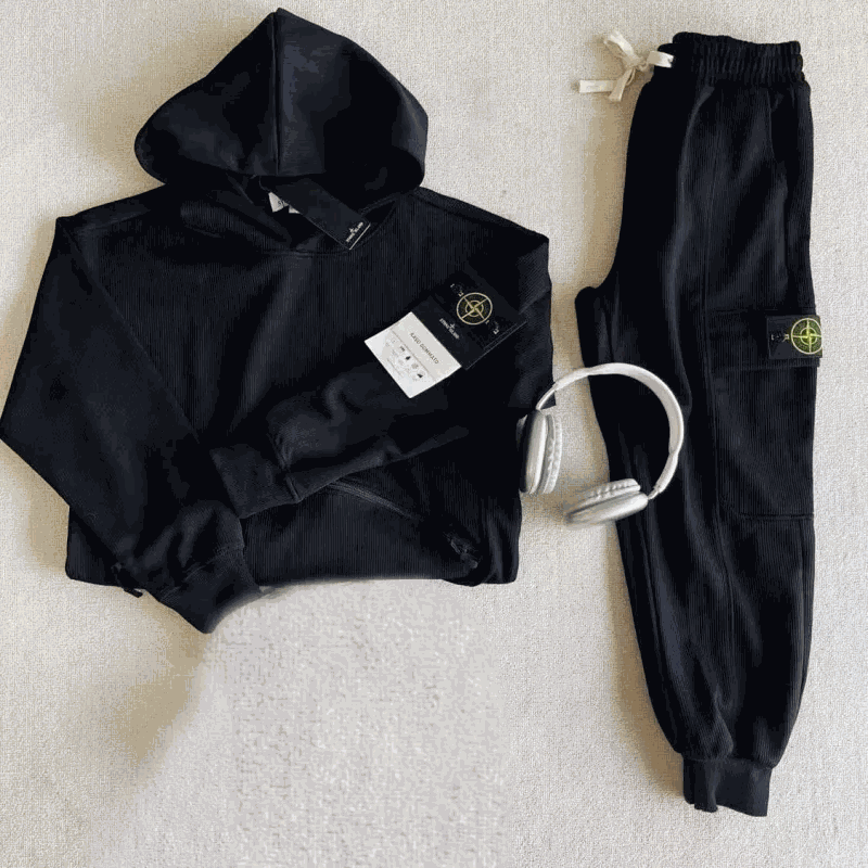 Stone Island Black Hoodie and Joggers Set with Headphones