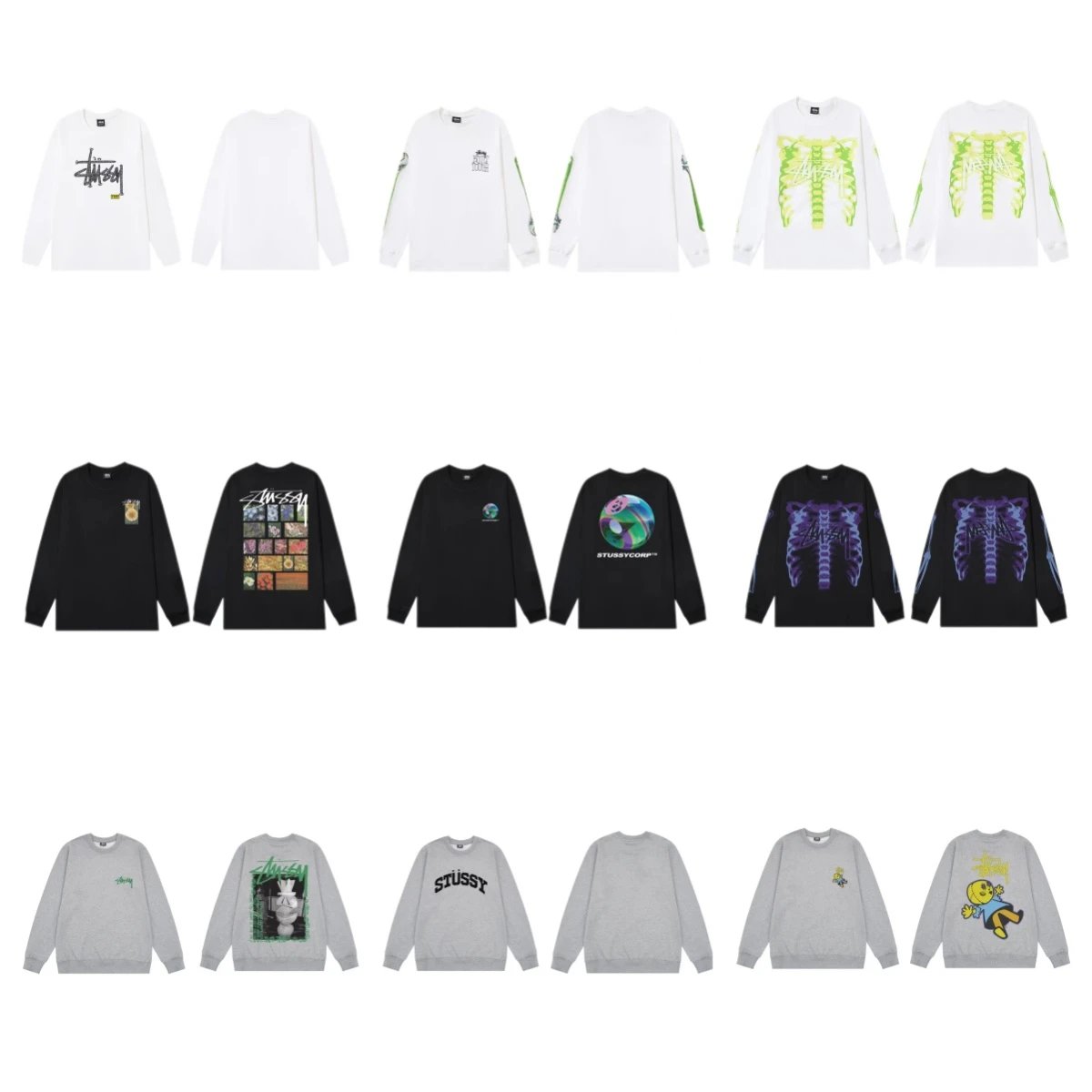 Stussy White Long Sleeve Tee, Black Long Sleeve Tee, Grey Crewneck Sweater