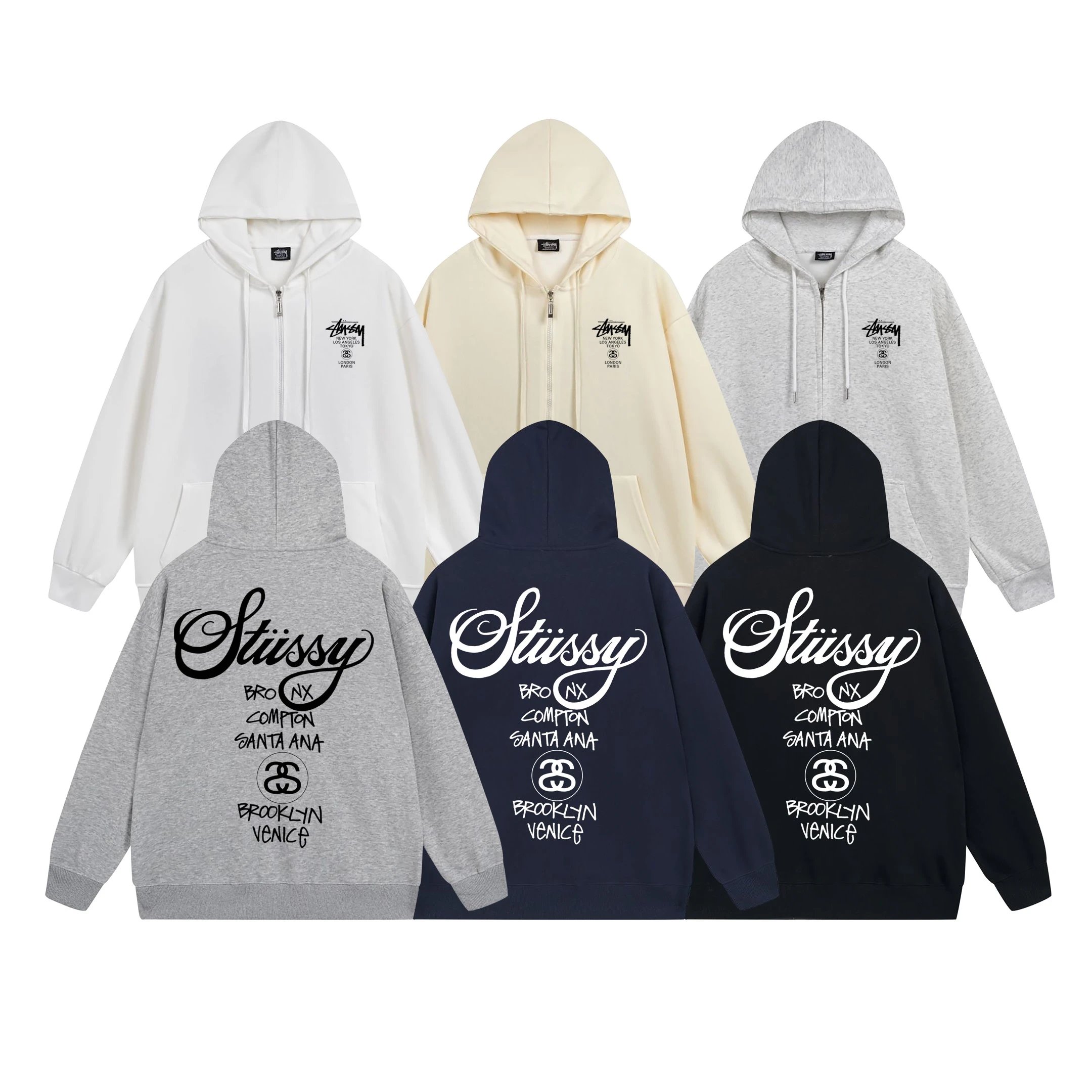 Stussy Zip-Up Hoodie in White, Beige, Grey, Navy, and Black