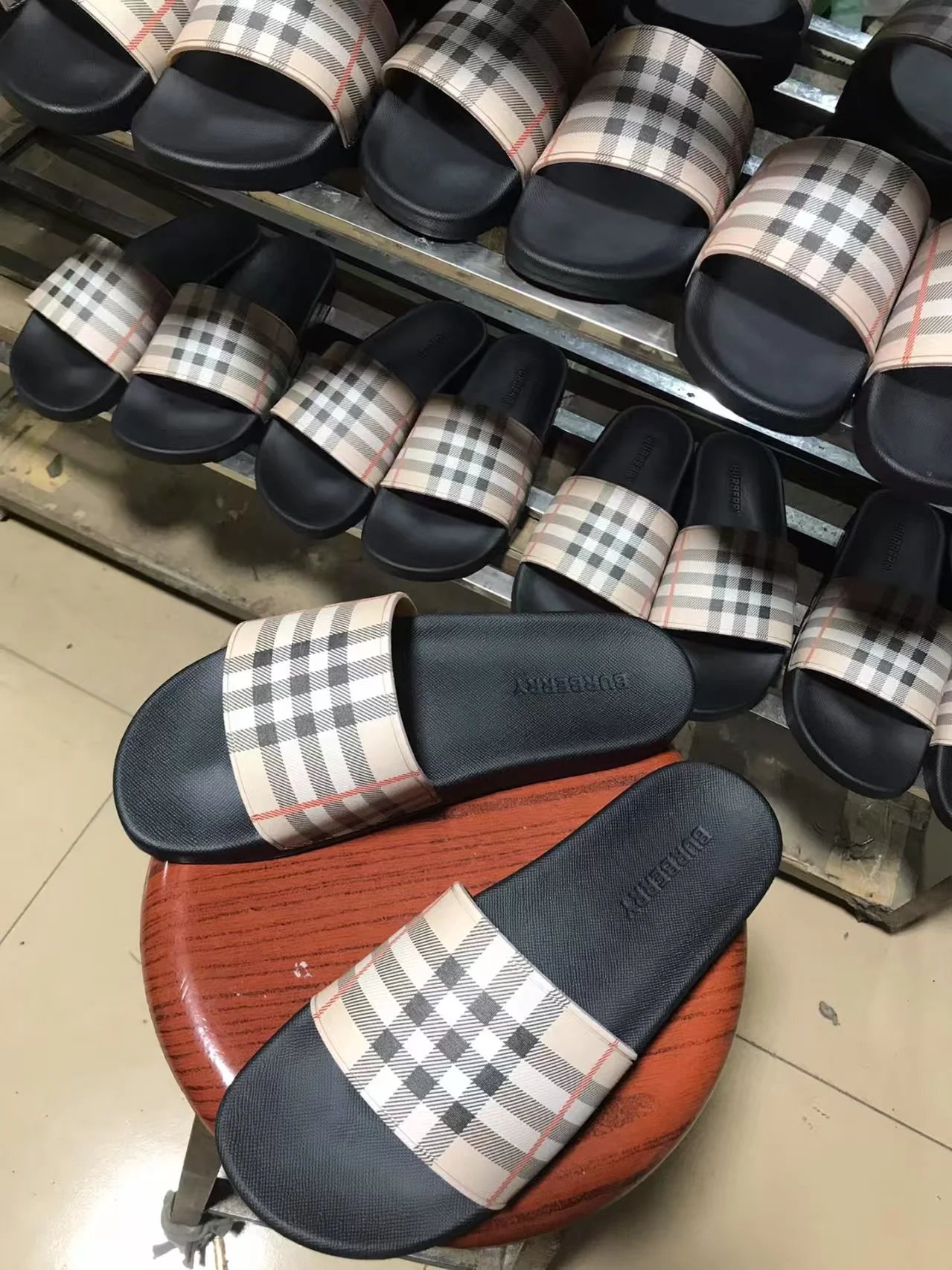 Burberry Beige Plaid Slide Sandals
